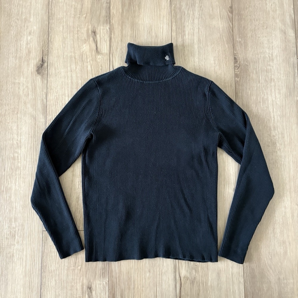 Lauren Ralph Lauren Sweater Womens Med Black Turtleneck Ribbed Knit Long Sleeve